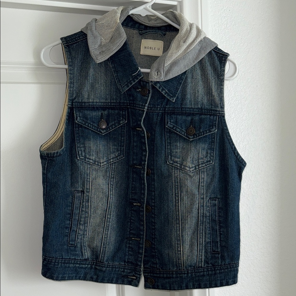 Noble U Blue Denim Vest with Gray Hood